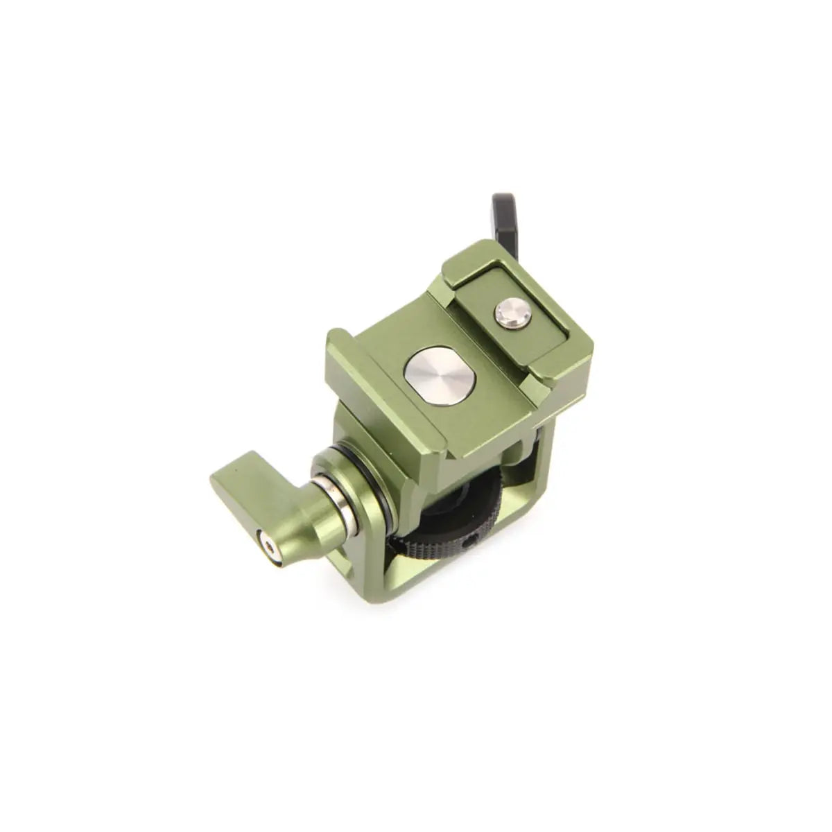 Green metal clamp or holder on a white background