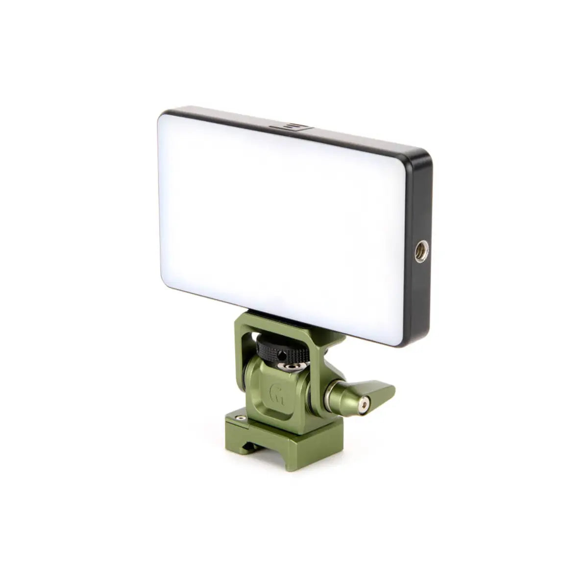 Lighting device with a white panel and green base on a white background