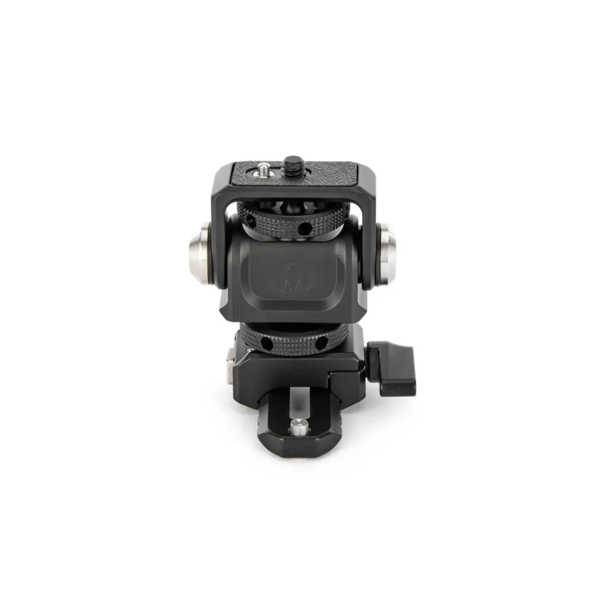 Black camera tripod head on a white background