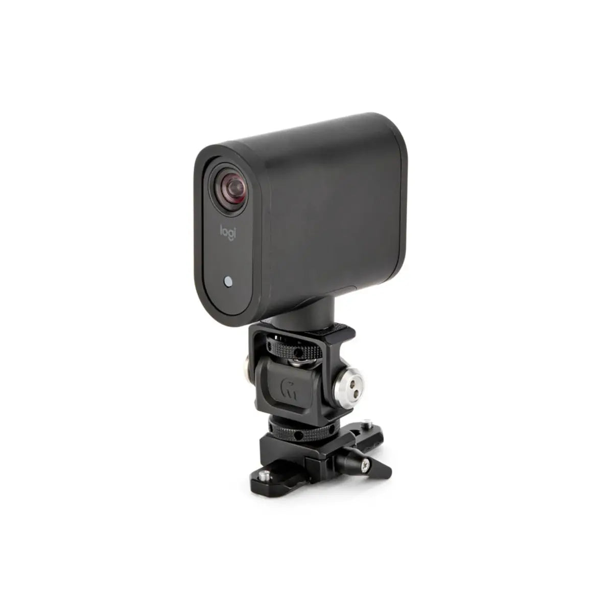 Small black camera with a mount on a white background