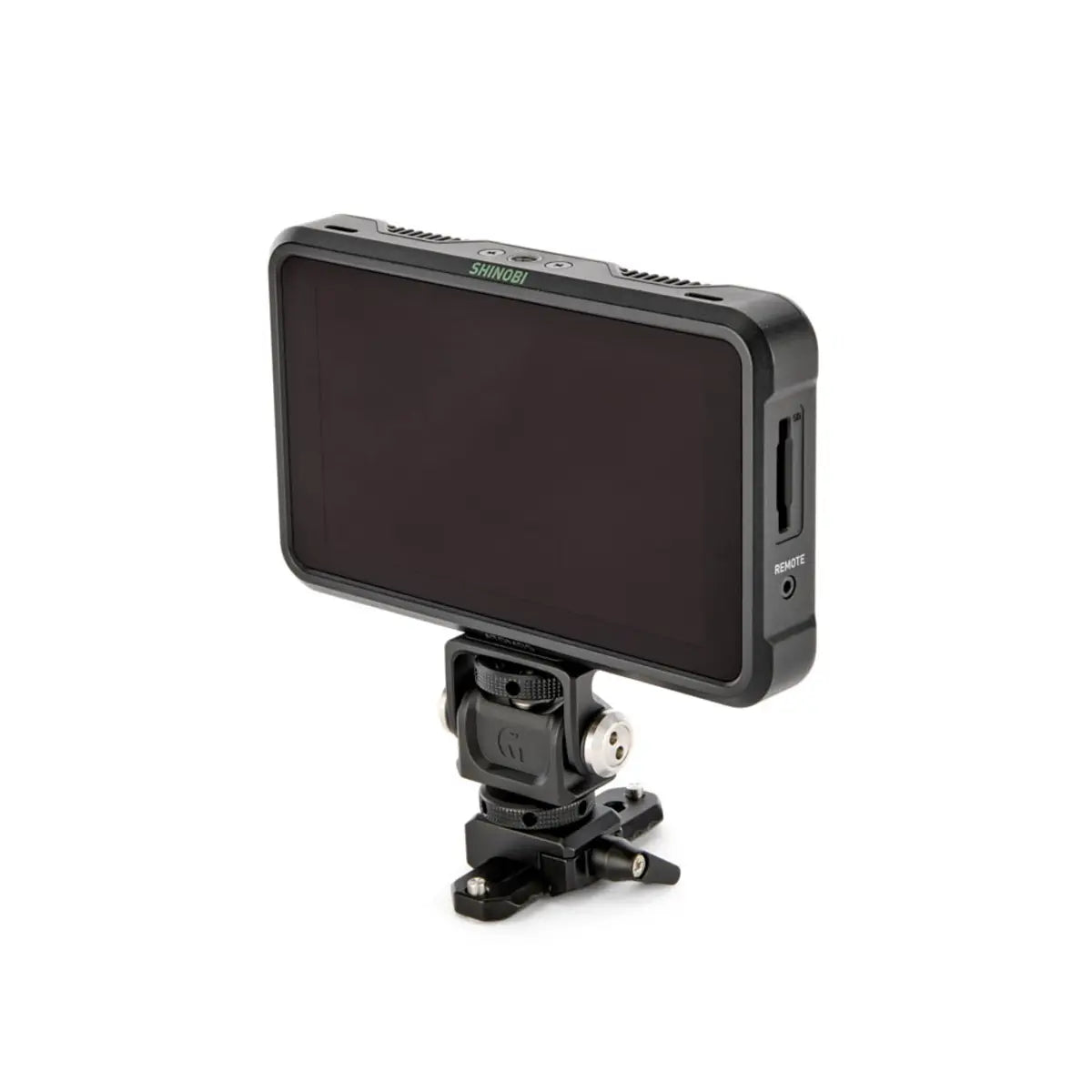 Small camera monitor with a black screen and attached mount on a white background