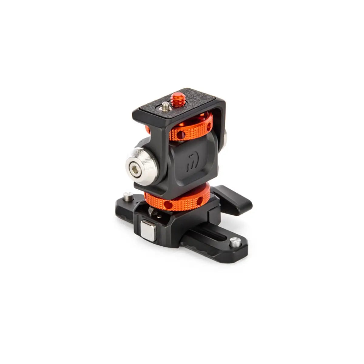 Camera mount with black and orange design on a white background
