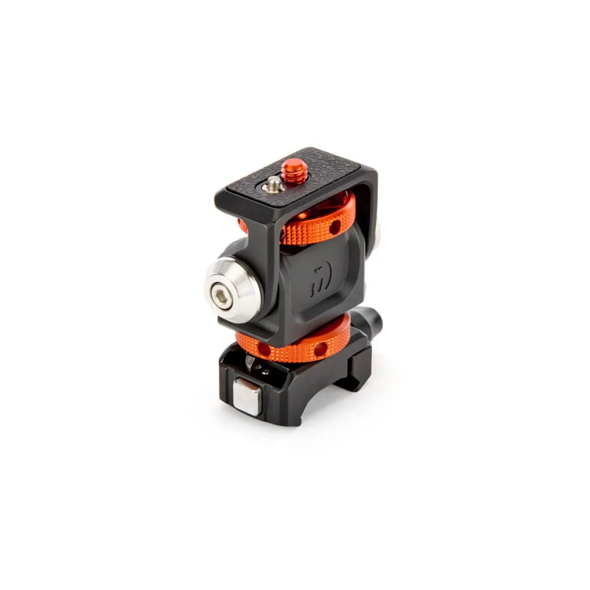 Camera mount with black and orange design on a white background
