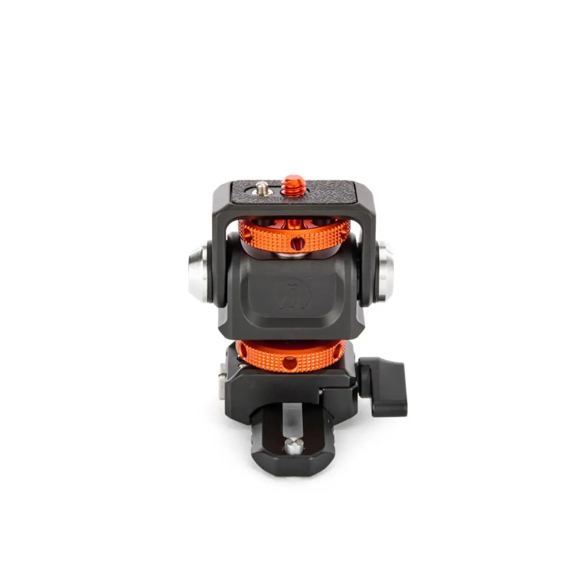 Camera tripod head with black and orange design on a white background