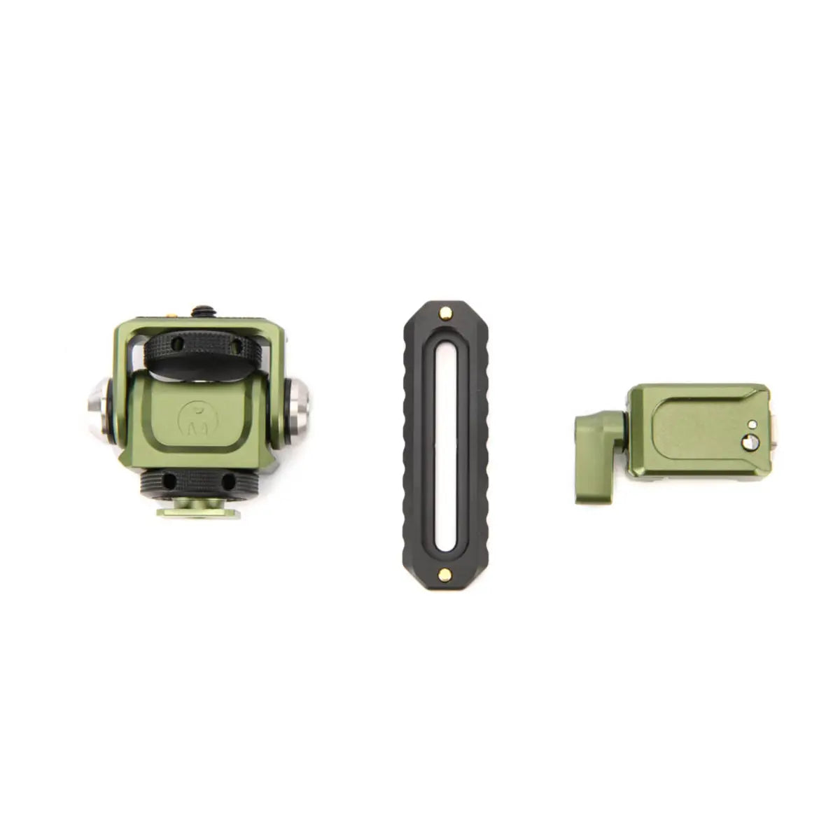 Three green and black camera accessories on a white background