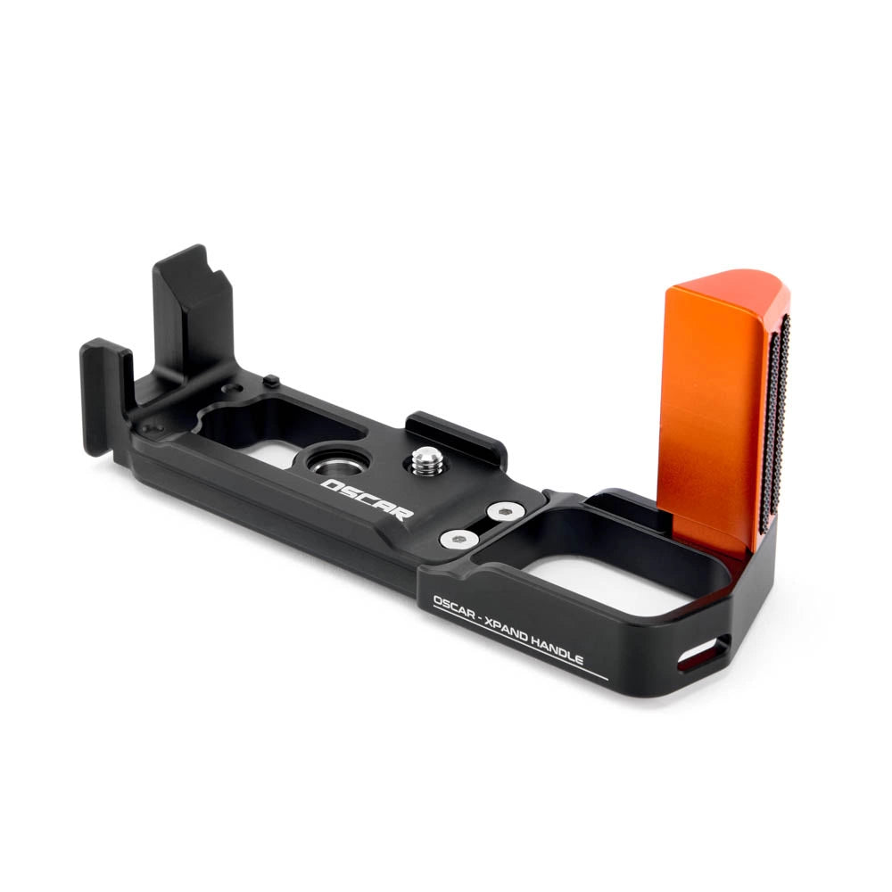 Camera handle with black and orange design on a white background