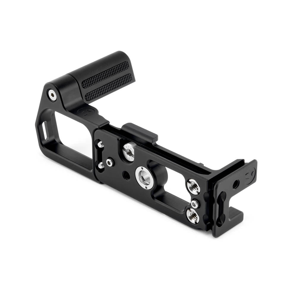 A black metal camera grip extension with a textured rubberized handle and silver adjustment screws, shown on a plain white background.