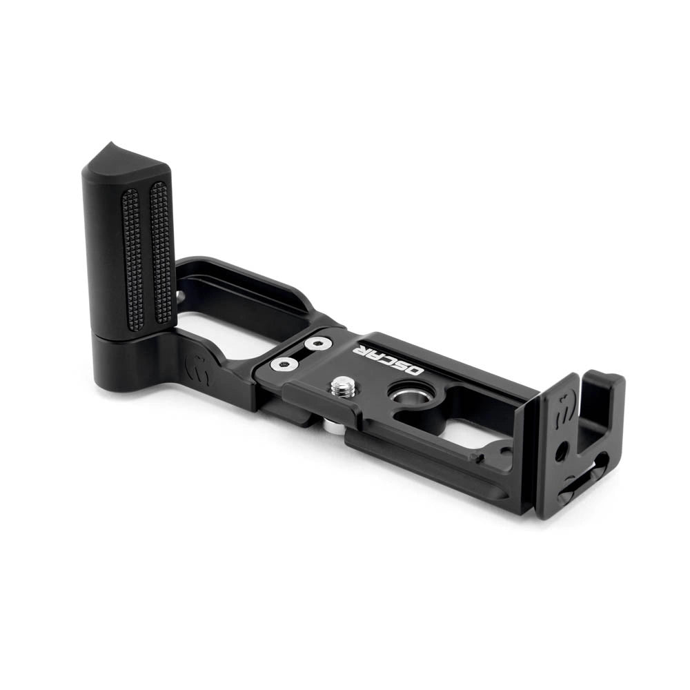Black camera handle with brand name on a white background