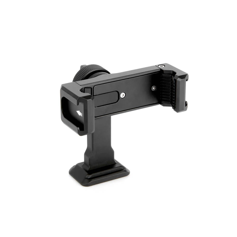 A black phone mount clamp, shown from a front angle on a clean white background.
