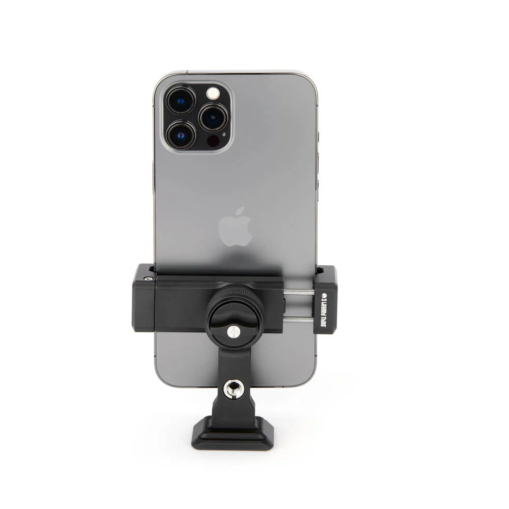 A black phone mount with a central ball joint clamp, shown holding a gray smartphone vertically against a plain white background.