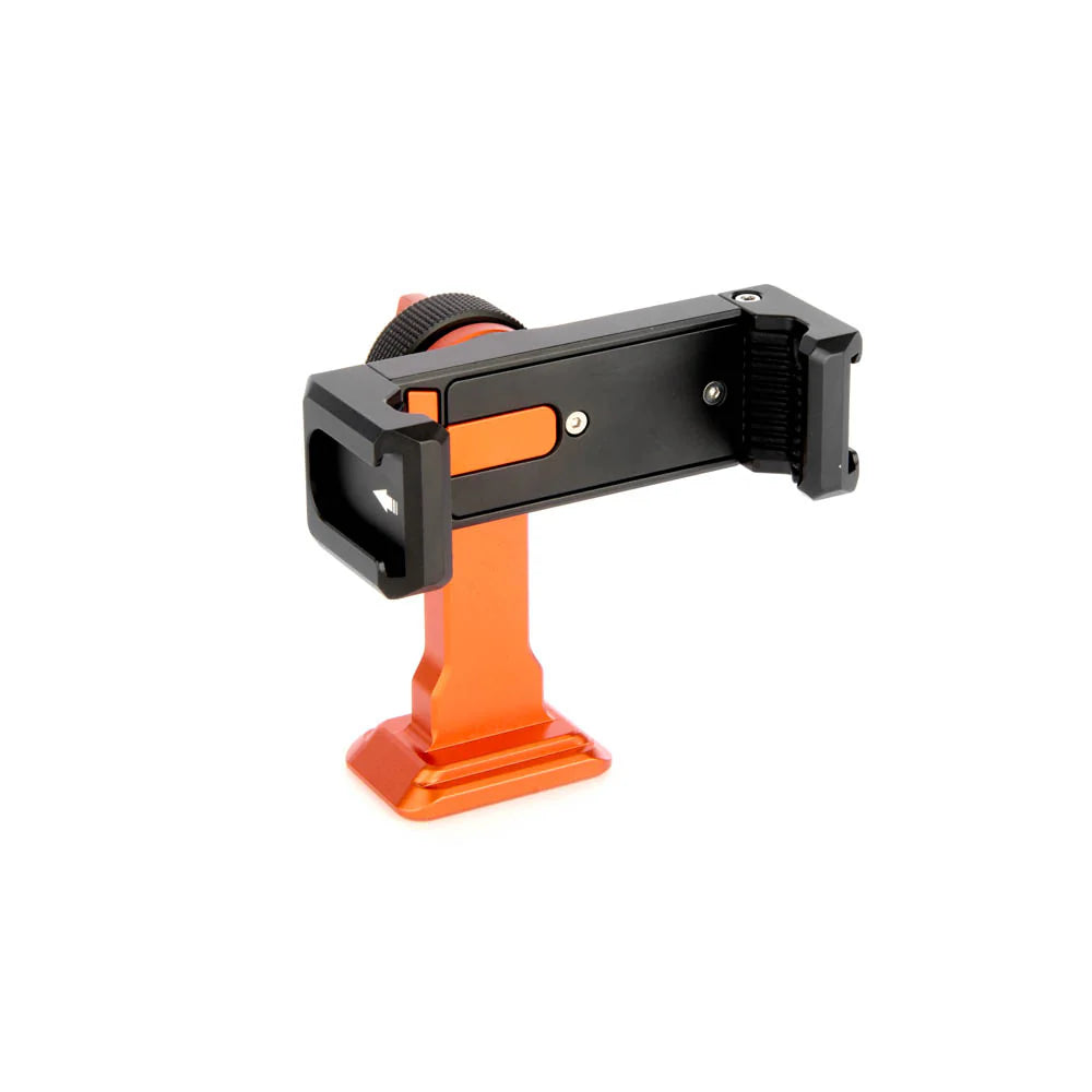 An orange and black phone mount holding, shown from a side angle against a clean white background.