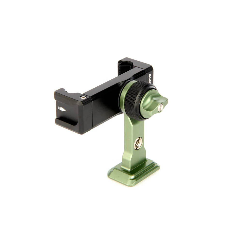 A green and black phone mounting bracket, shown from a back angle on a clean white background.