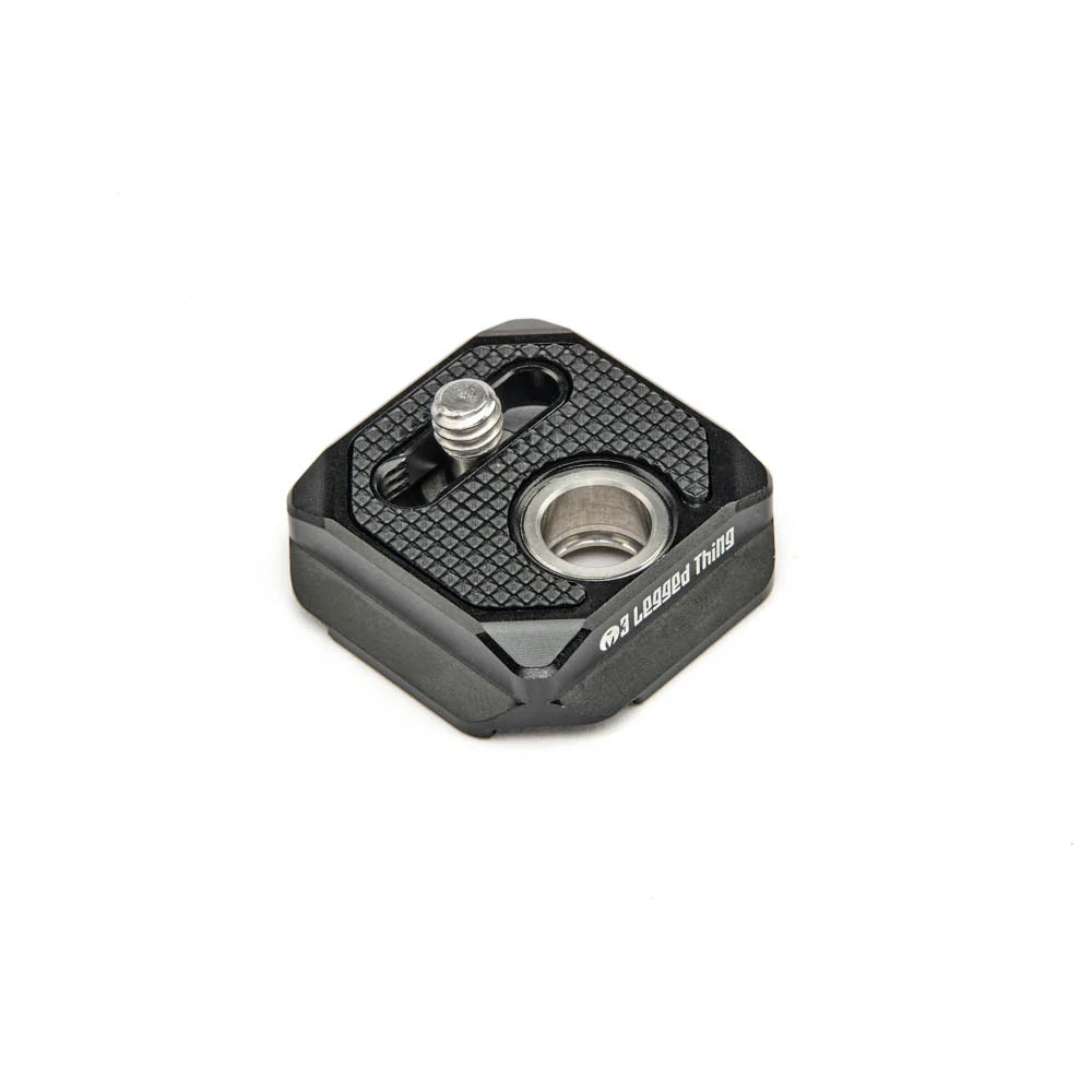 Black metal tripod plate with threaded holes on a white background