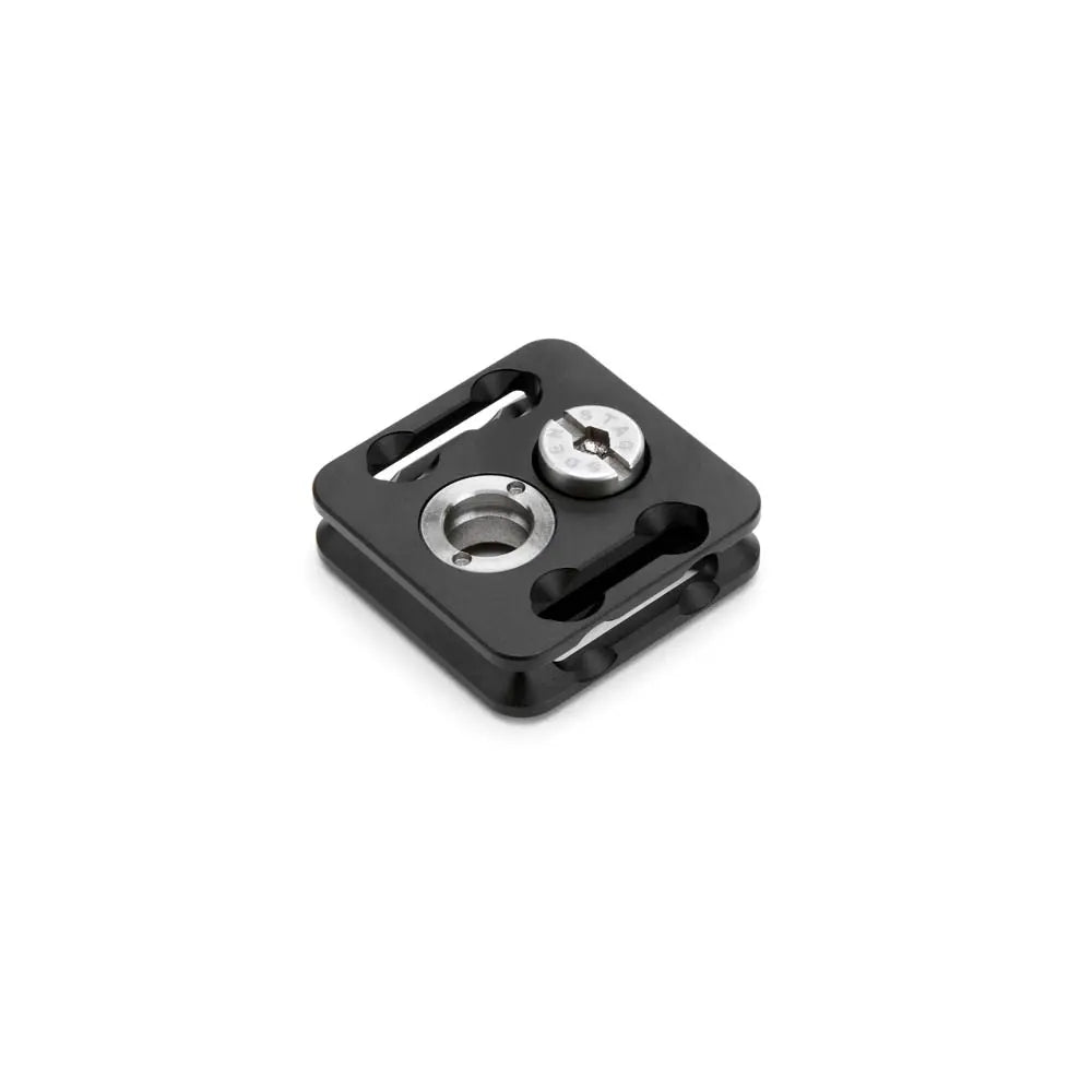 Black metal bracket with two circular holes on a white background