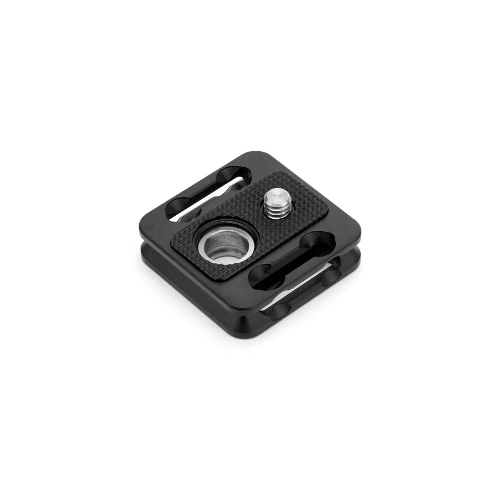 Black metal quick release plate on a white background