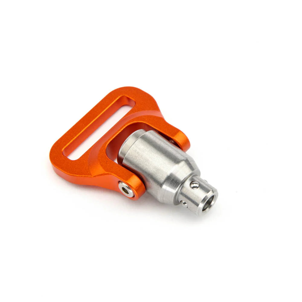 Camera strap quick detach swivel with orange metallic finish on a white background