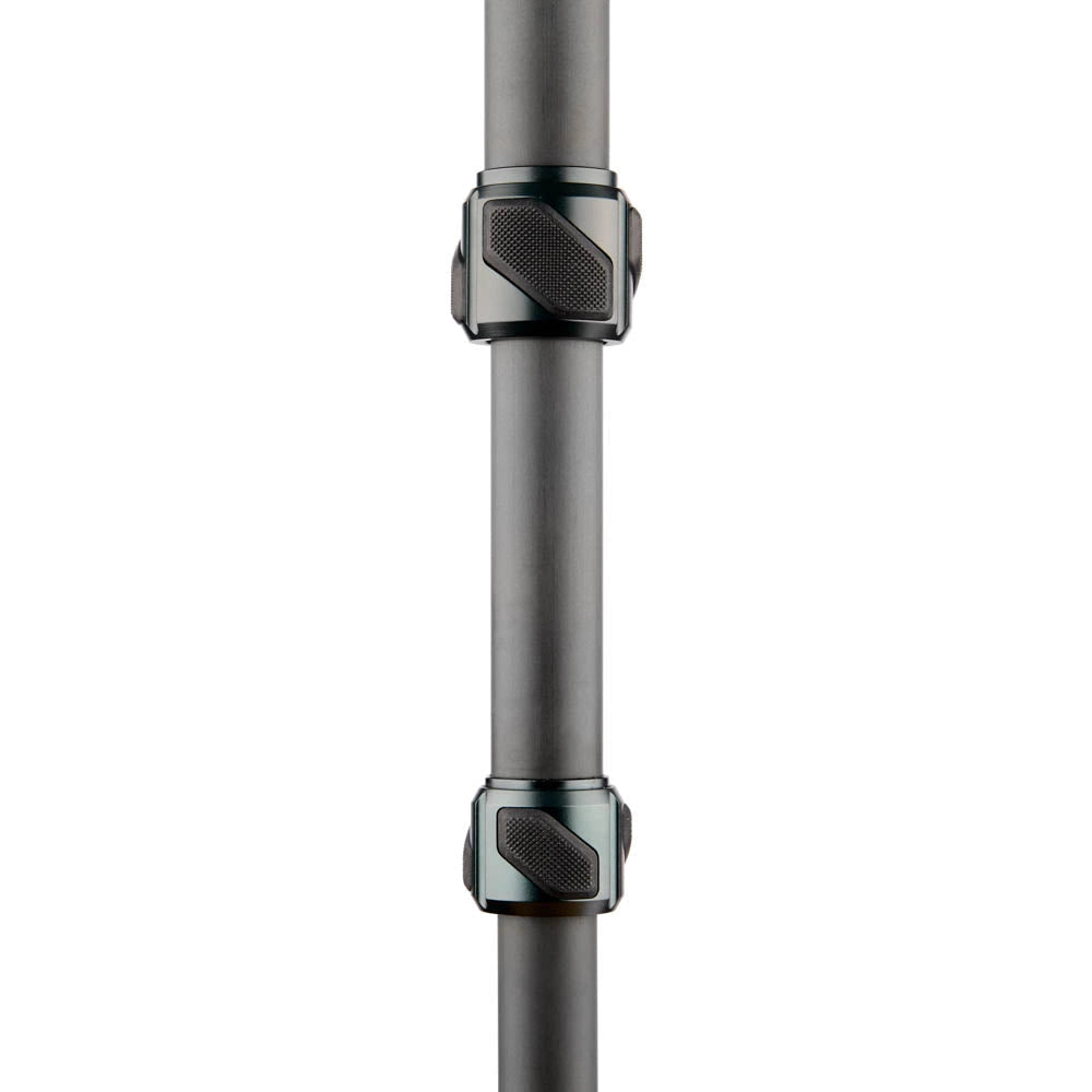 Close-up of a dark gray telescopic pole with two black textured adjustment rings on a solid white background.