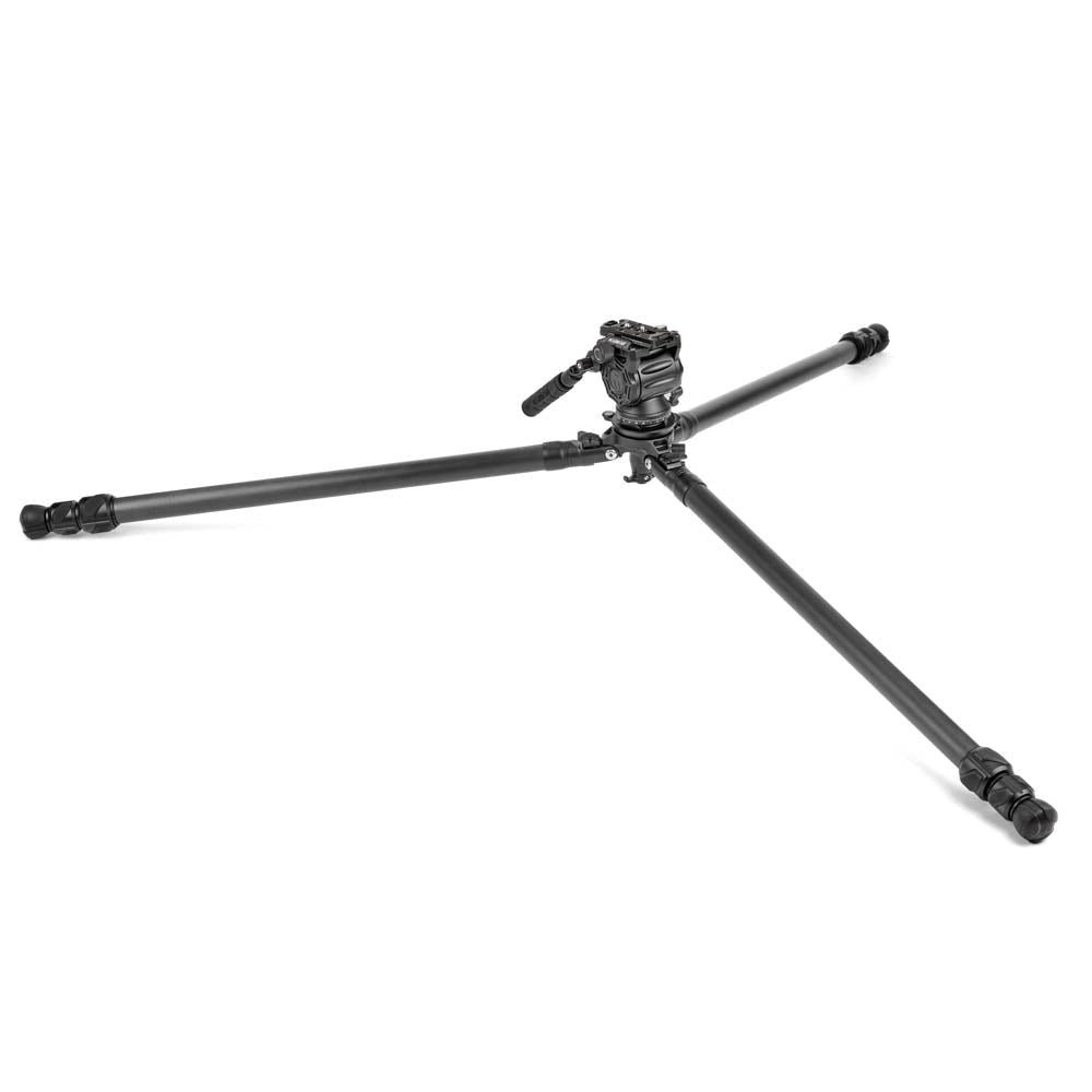 A black three-legged tripod with a fluid head and center column, shown fully extended on a clean white background.