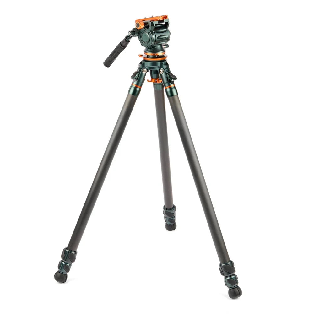 Camera tripod with head on a white background