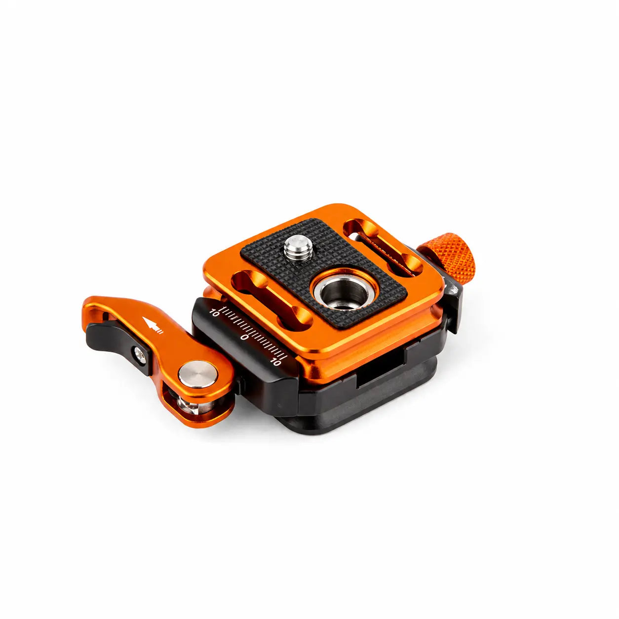 Orange and black metal camera accessory on a white background