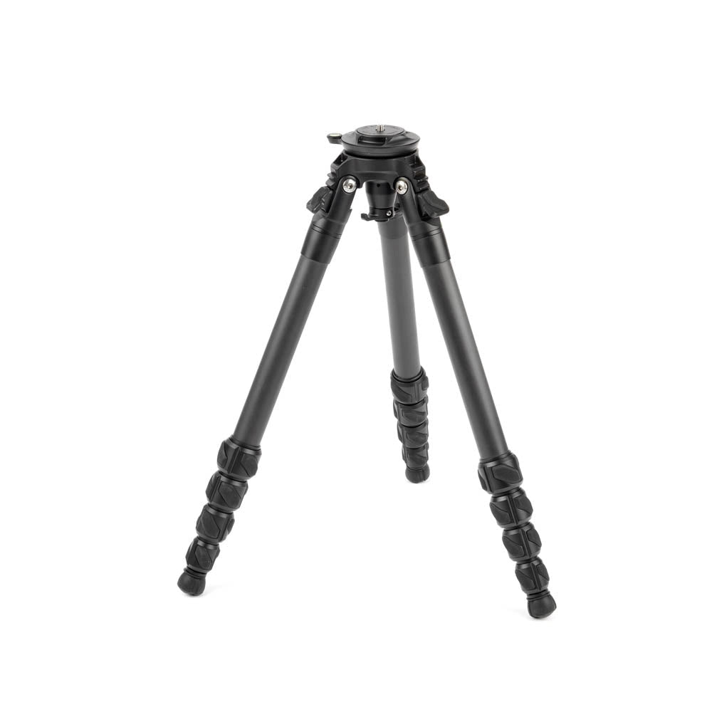 Black camera tripod on a white background