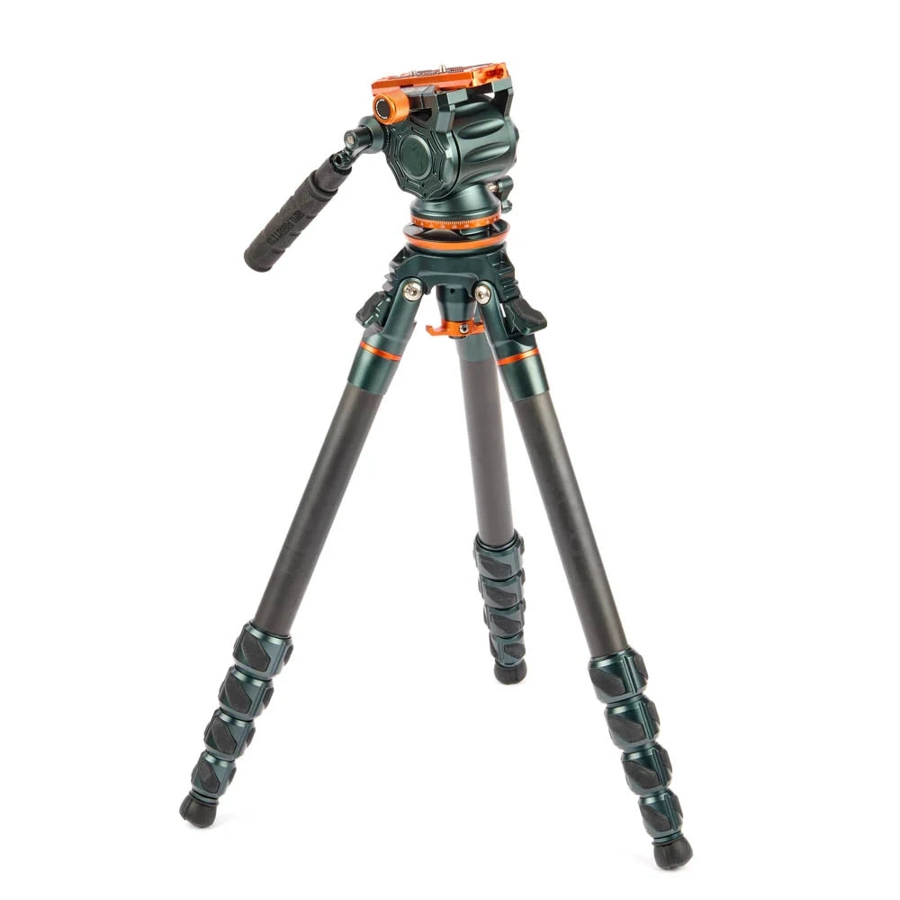 Camera tripod with head on a white background