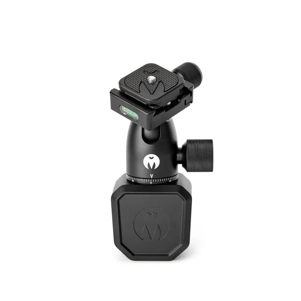 Black camera tripod head with brand logo on a white background