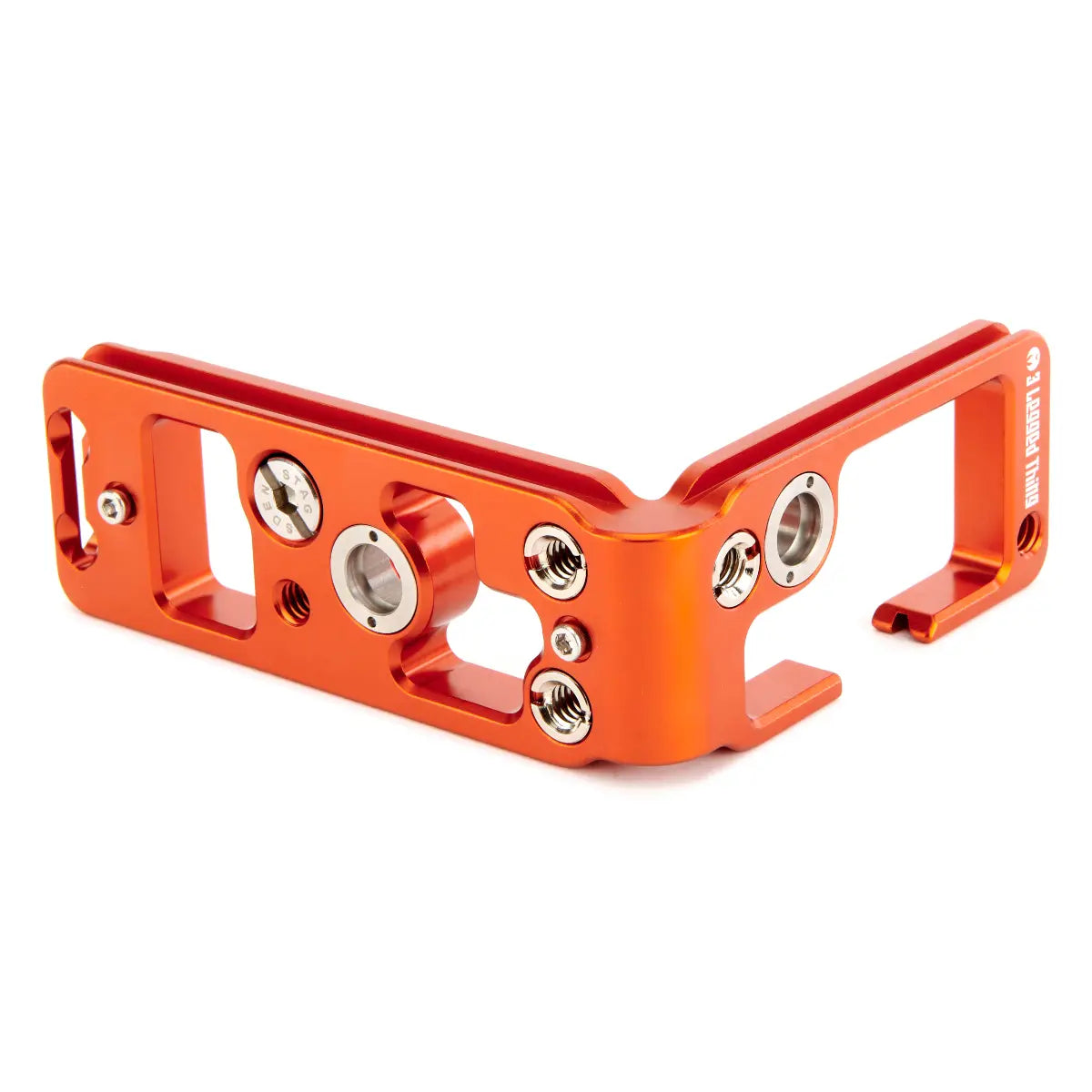 Orange metal bracket with screws on a white background