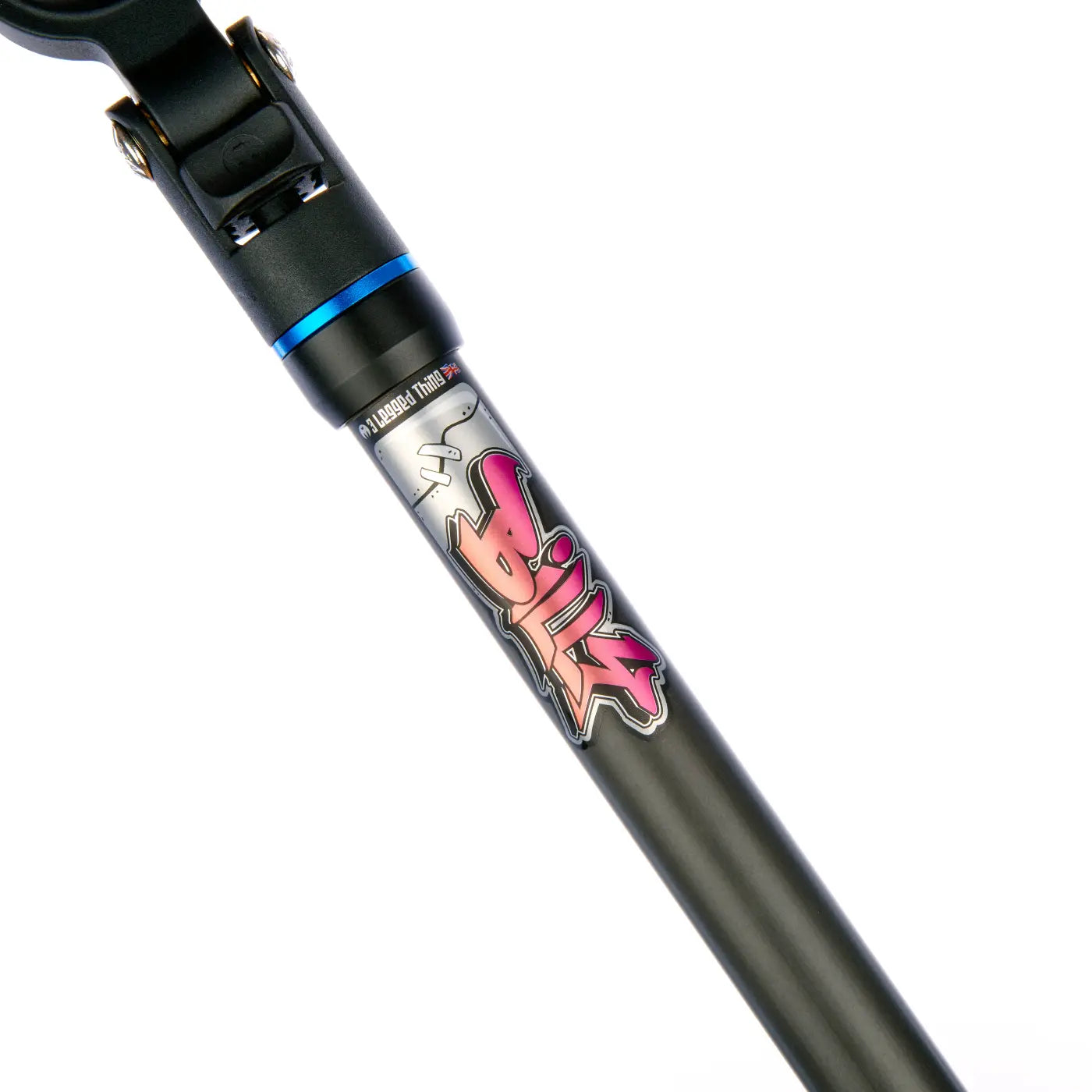 Close-up of a bicycle suspension fork with a brand logo on a white background