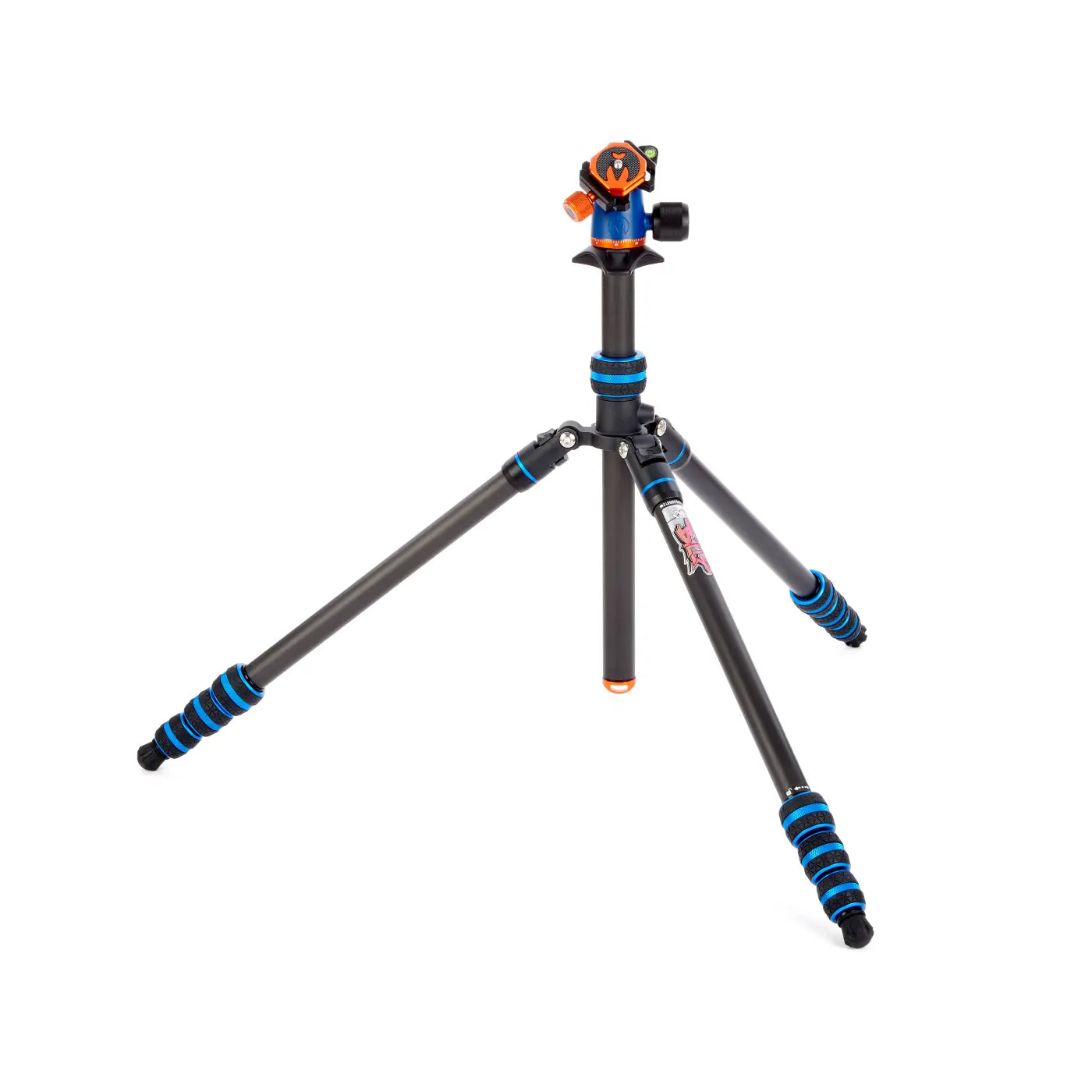 Black and blue camera tripod on a white background