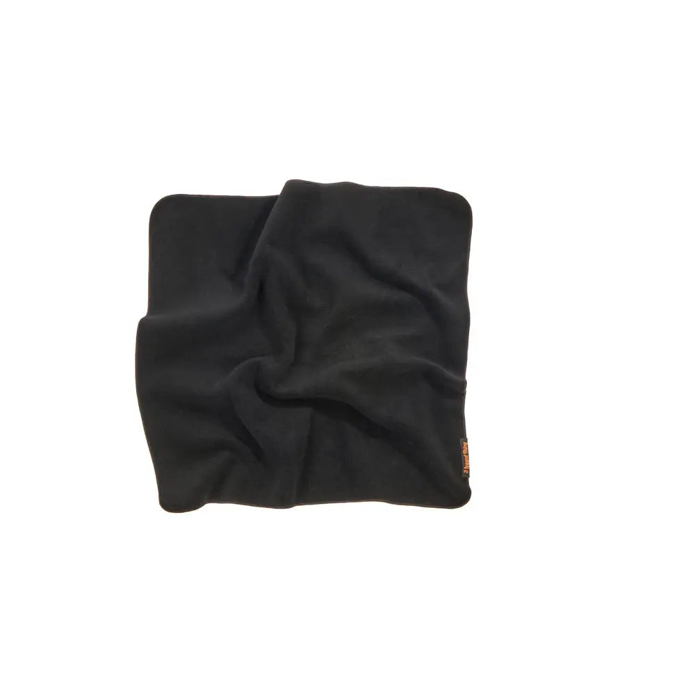 Black fabric square with a brand logo on a white background