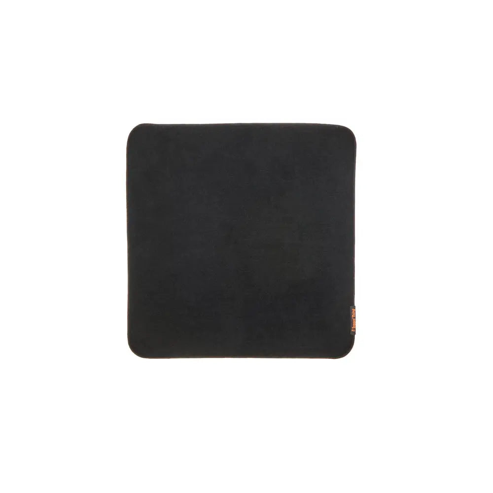 Black square mouse pad with a brand logo on a white background