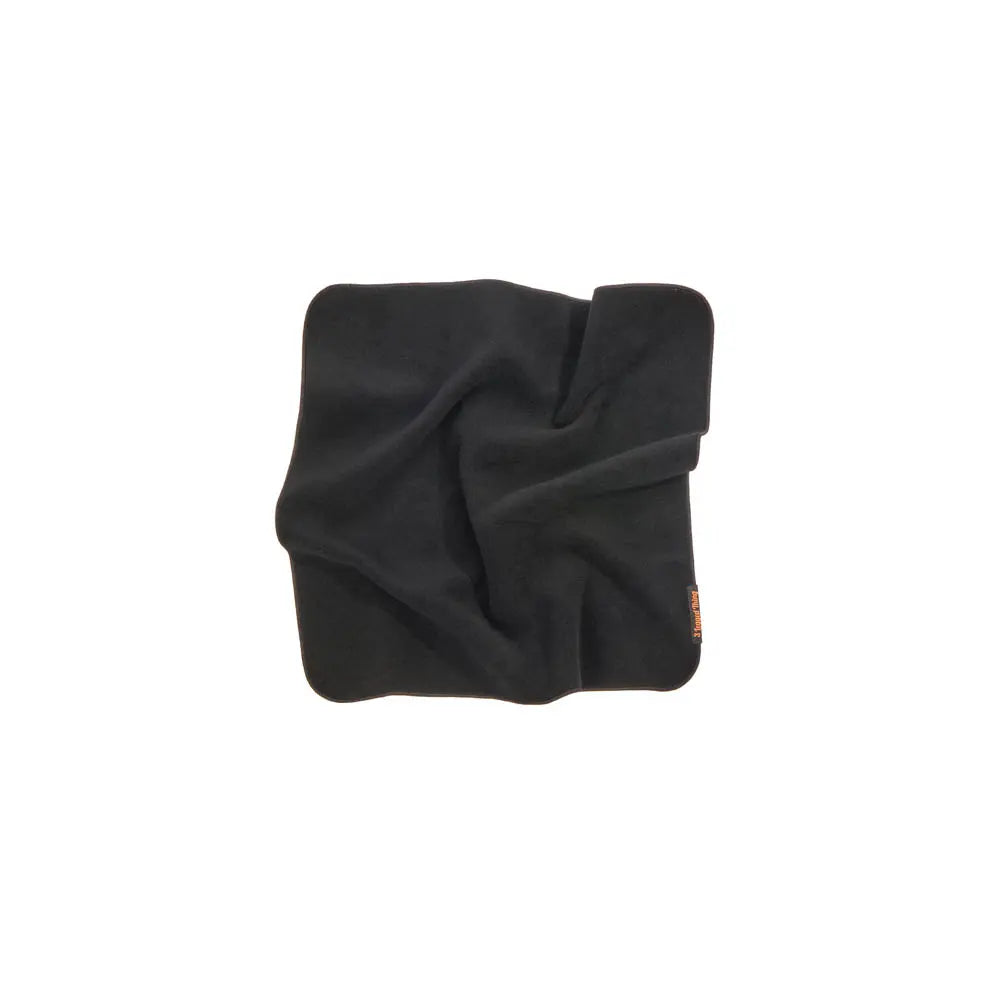 Black fabric square with a brand logo on a white background