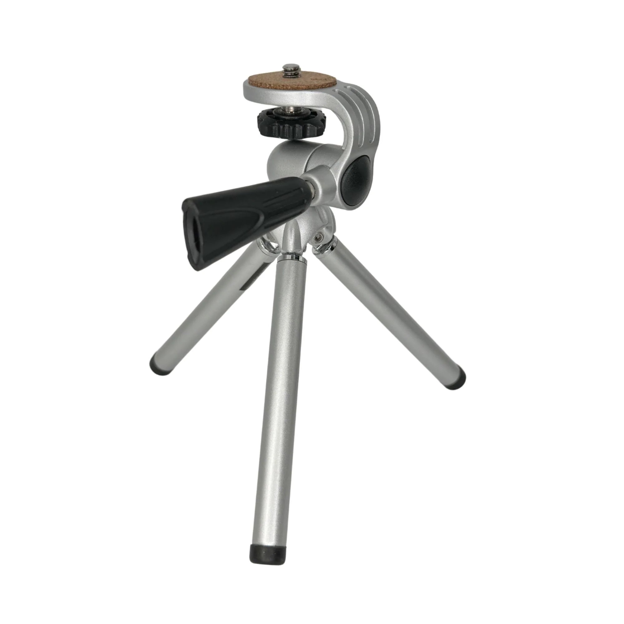 Small metal tripod with a camera mount on a white background