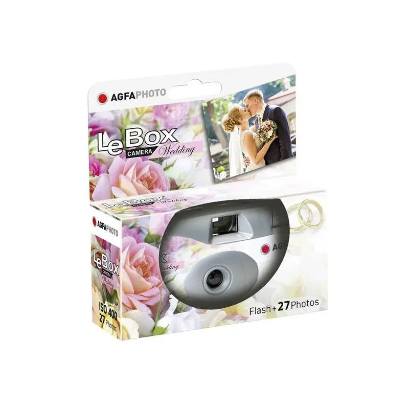 AgfaPhoto LeBox camera packaging with floral and couple design on a white background