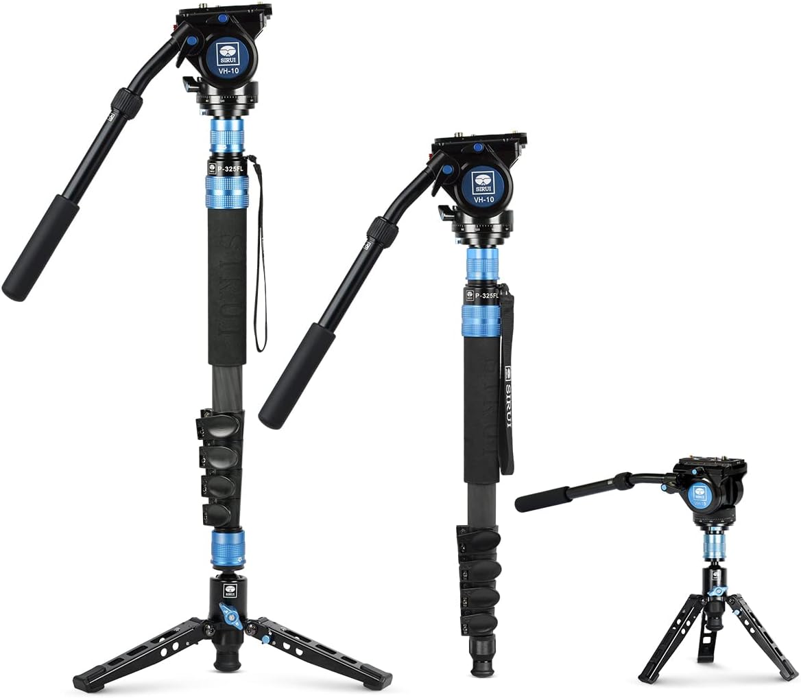 Monopod popular with fluid head and shoulder mount for video camera.