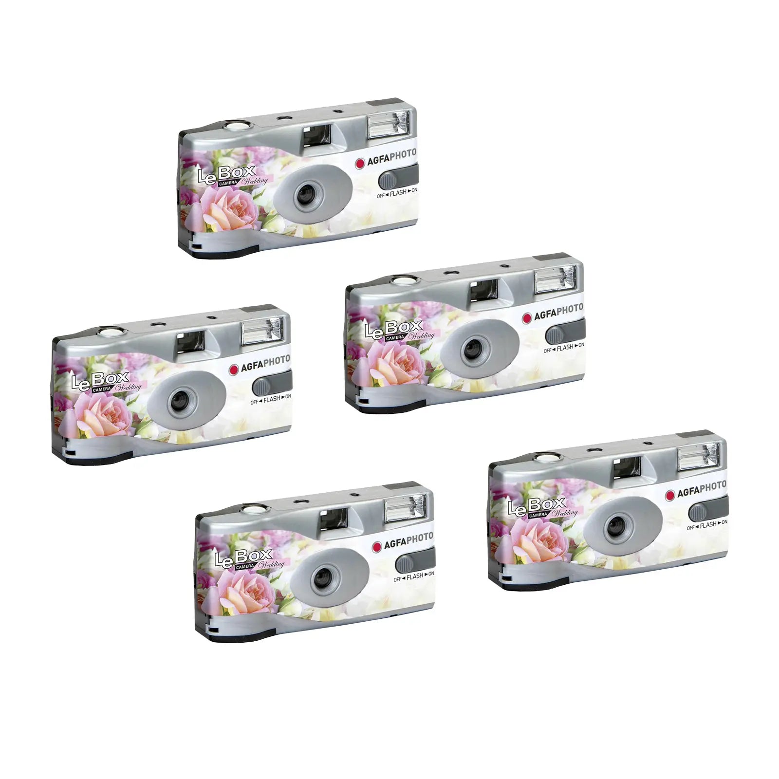 Five AgfaPhoto Leica Viewfinder film cameras with floral design on a white background