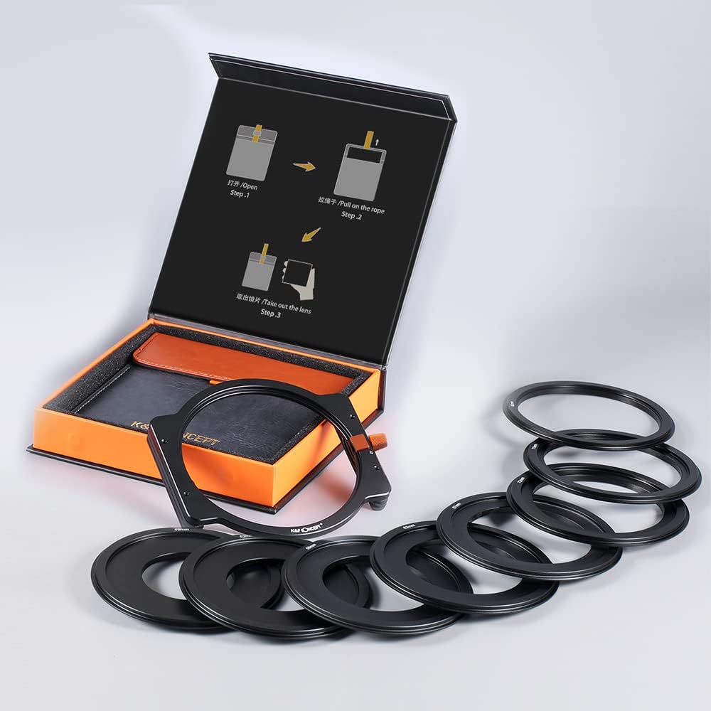 K&F Concept Metal Square Filter Holder 100mm with 8 Lens Filter Adapter Rings 49mm-82mm