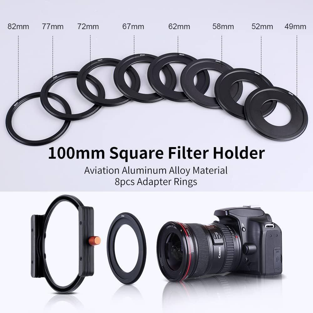 K&F Concept Metal Square Filter Holder 100mm with 8 Lens Filter Adapter Rings 49mm-82mm
