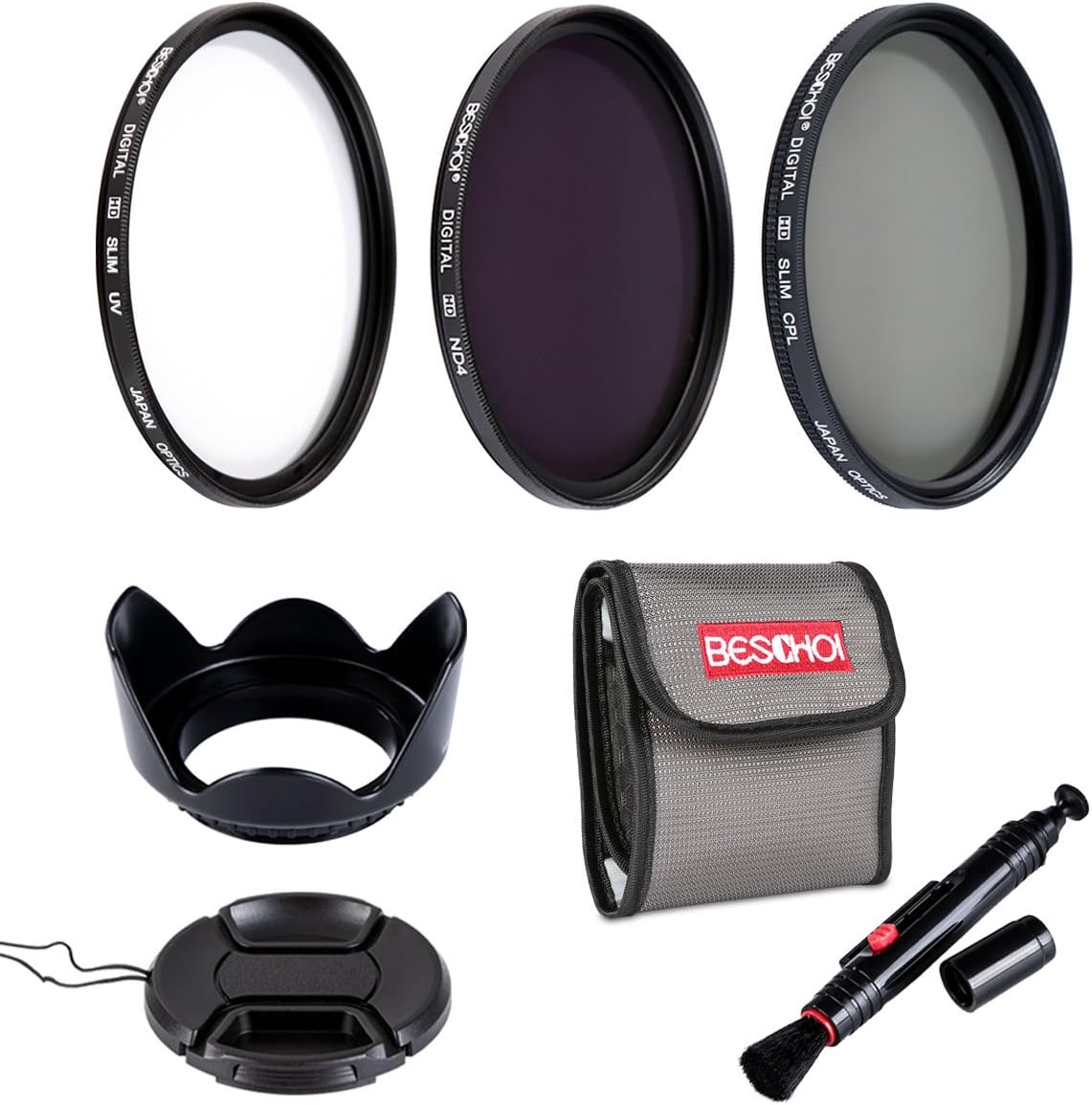 Beschoi 58mm High-Precision Lens Filter Kit (UV CPL ND4) Professional Filter + Petal Lens Hood + Cleaning Pen + Filter Pouch Bag for SLR/DSLR Camera