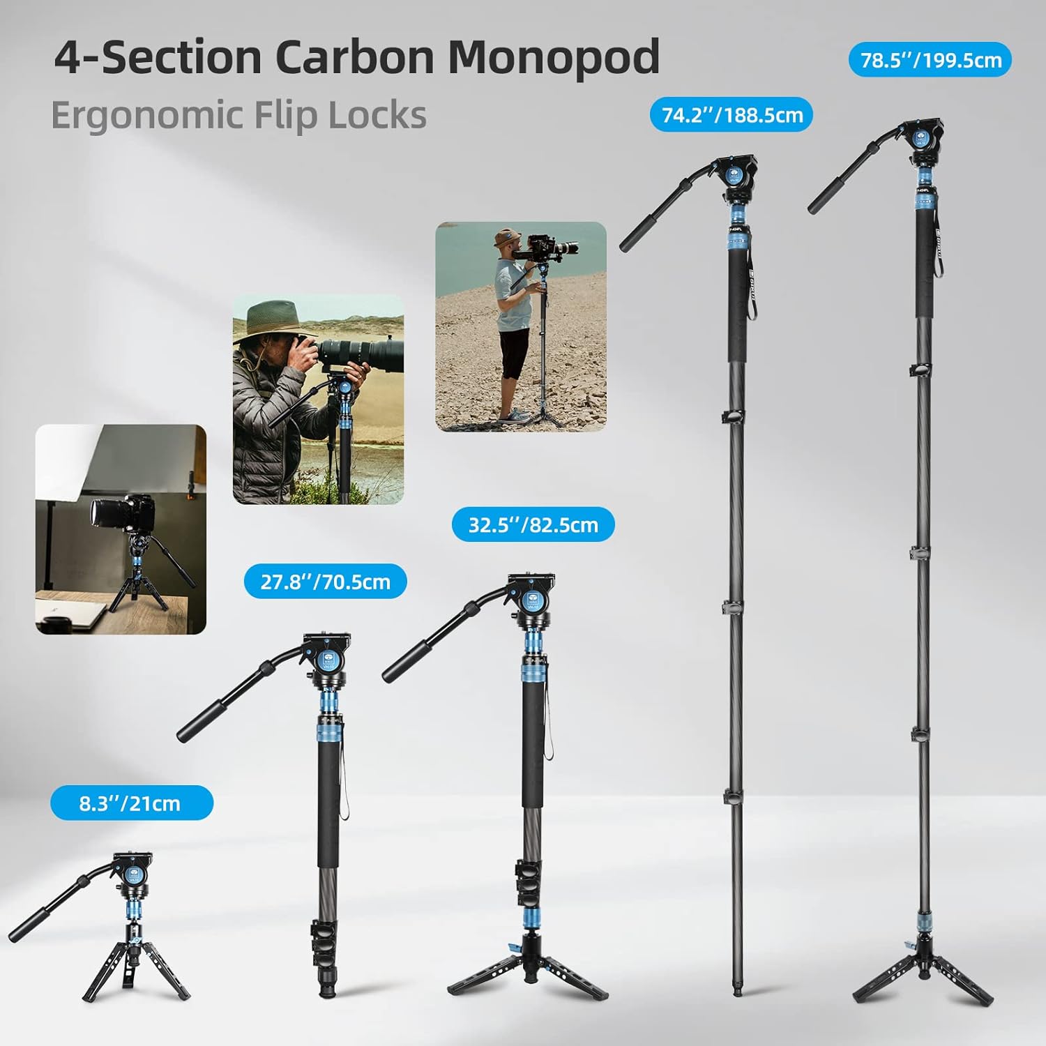 SIRUI P-424FL 78.5" Carbon Fiber Camera Monopod with VH-10 Fluid Video Head