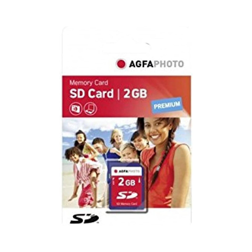 AGFA PHOTO 2GB SD Card Premium in its retail packaging, featuring a red header card and a photo of a family on the front.
