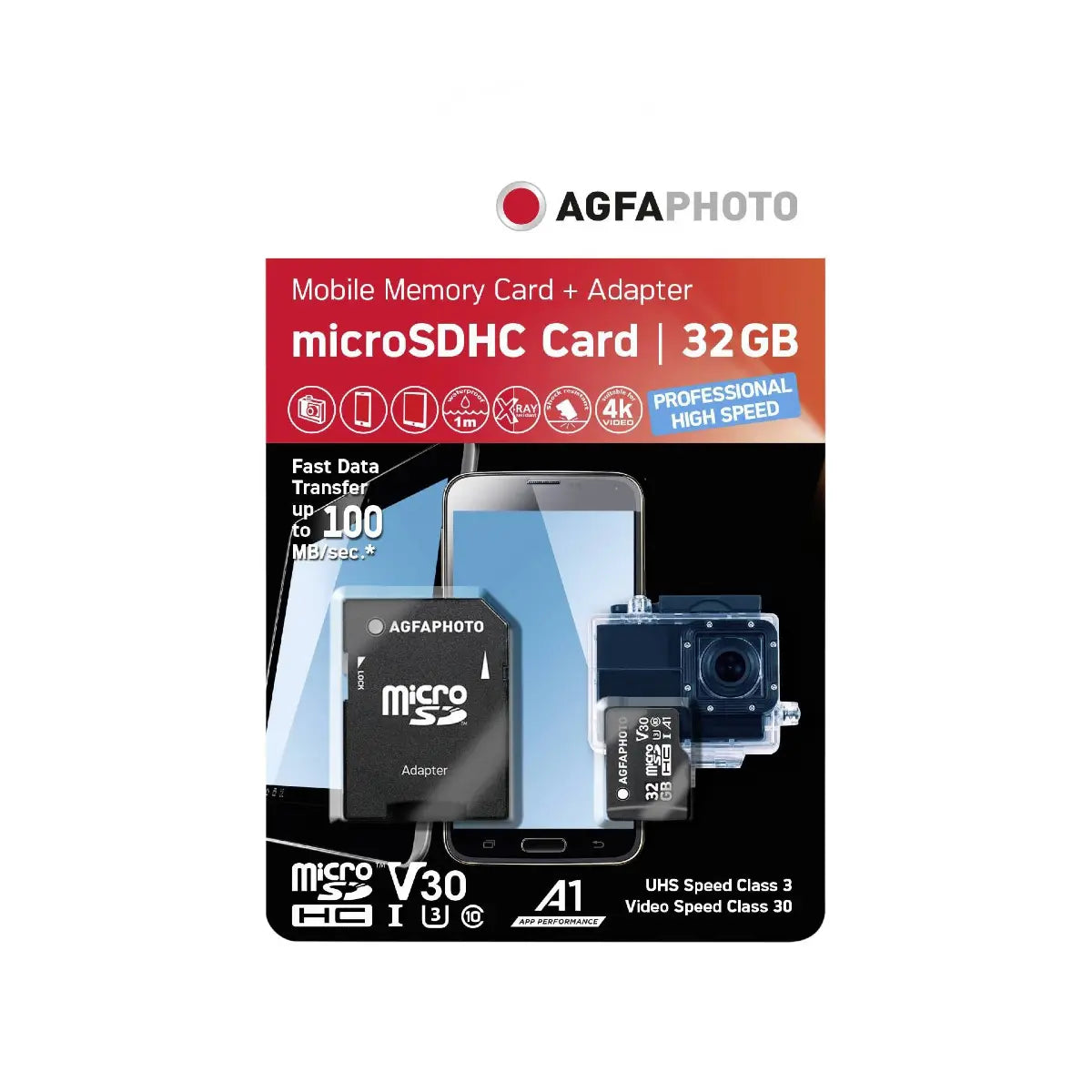 AgfaPhoto microSDHC card packaging with adapter on a white background