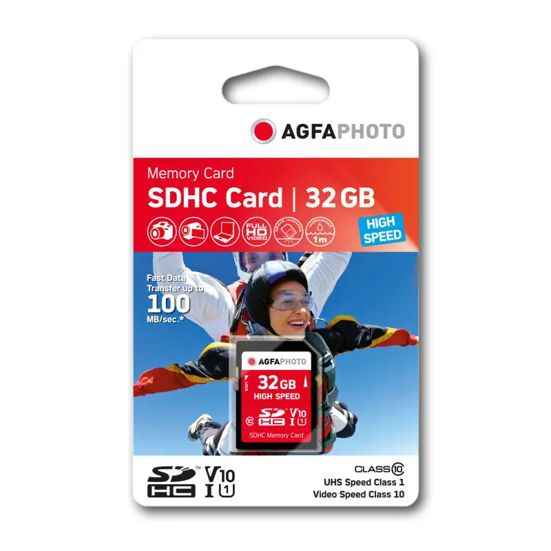 Agfa Photo SDHC memory card packaging with a skydiver illustration on a white background