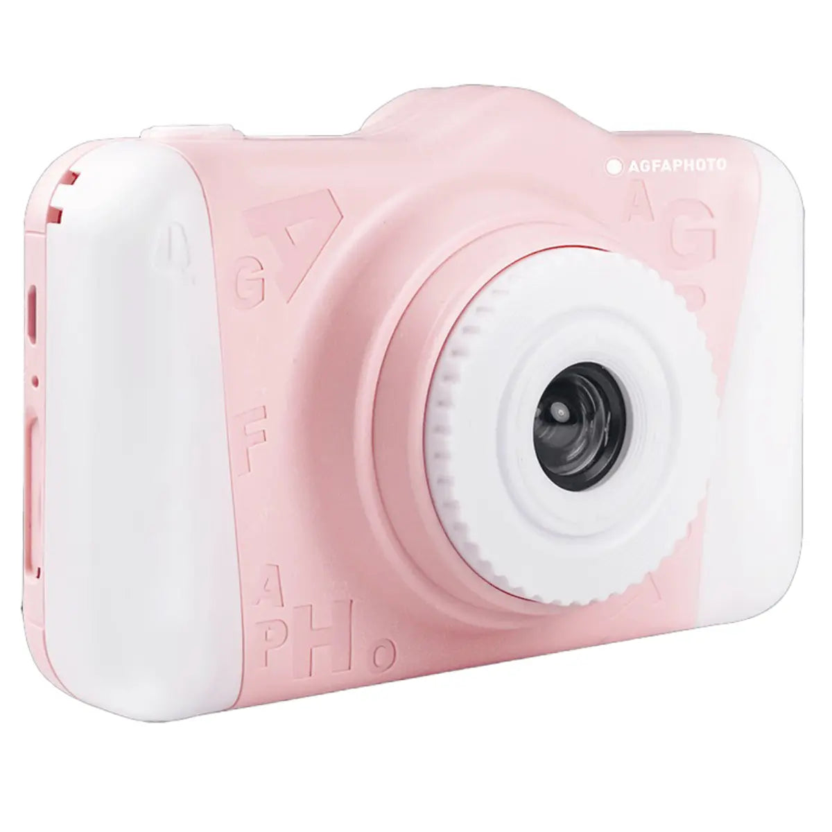 Pink and white camera with 'Lomography' branding on a white background