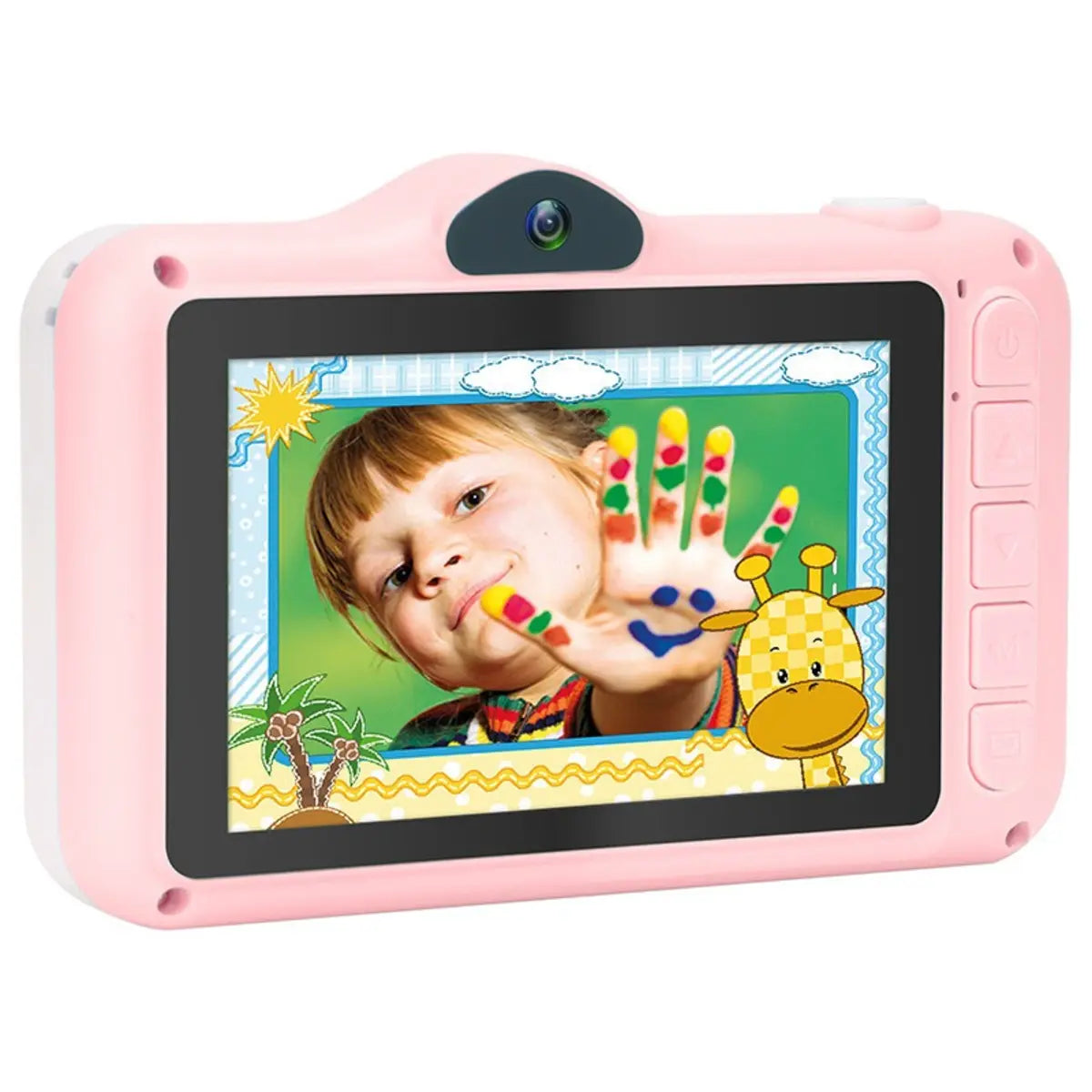 Pink children's tablet with a colorful display showing a child with paint on their hands.