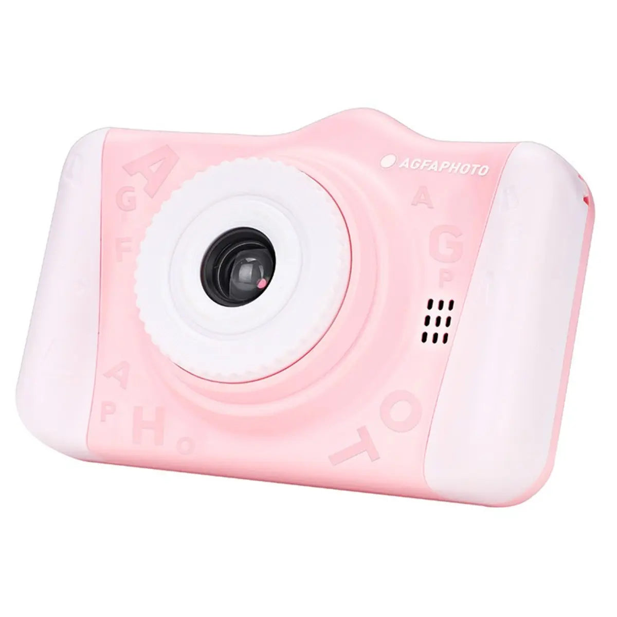 Pink digital camera with a white border on a white background