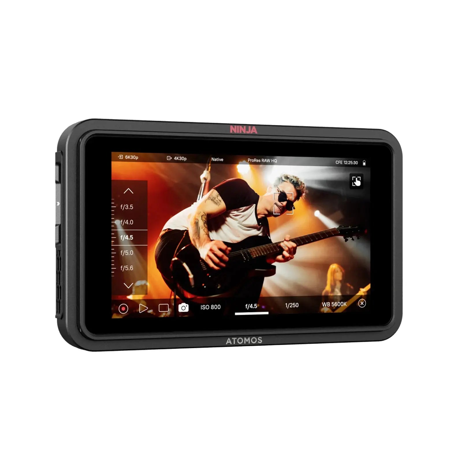 ATOMOS NINJA display device with a screen showing a guitarist on a white background
