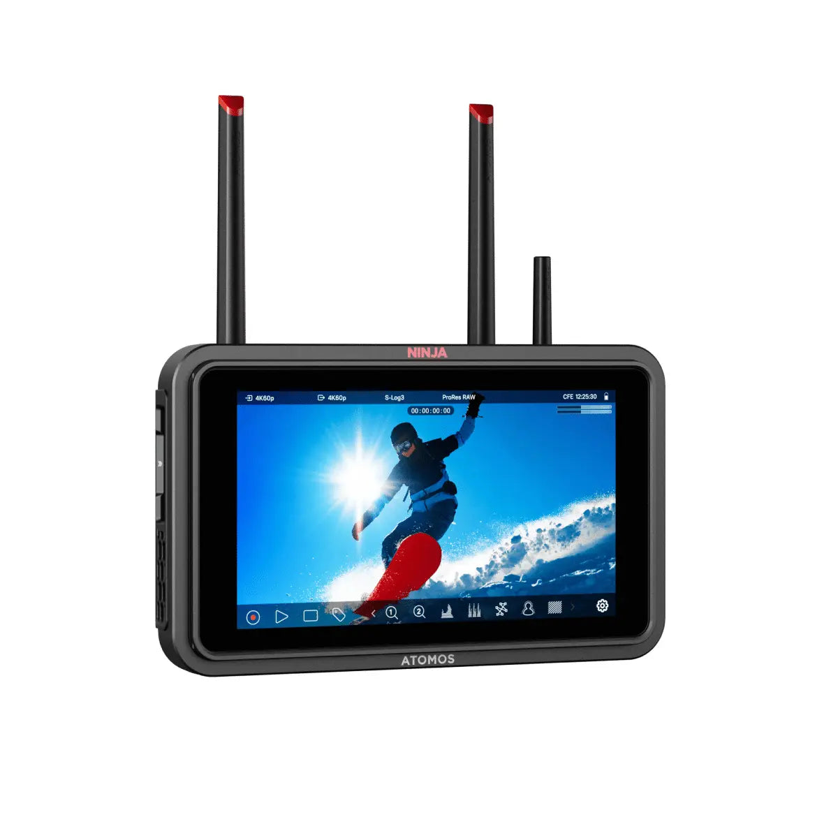 Portable monitor with screen displaying a snowboarder on a mountain, surrounded by antennas.