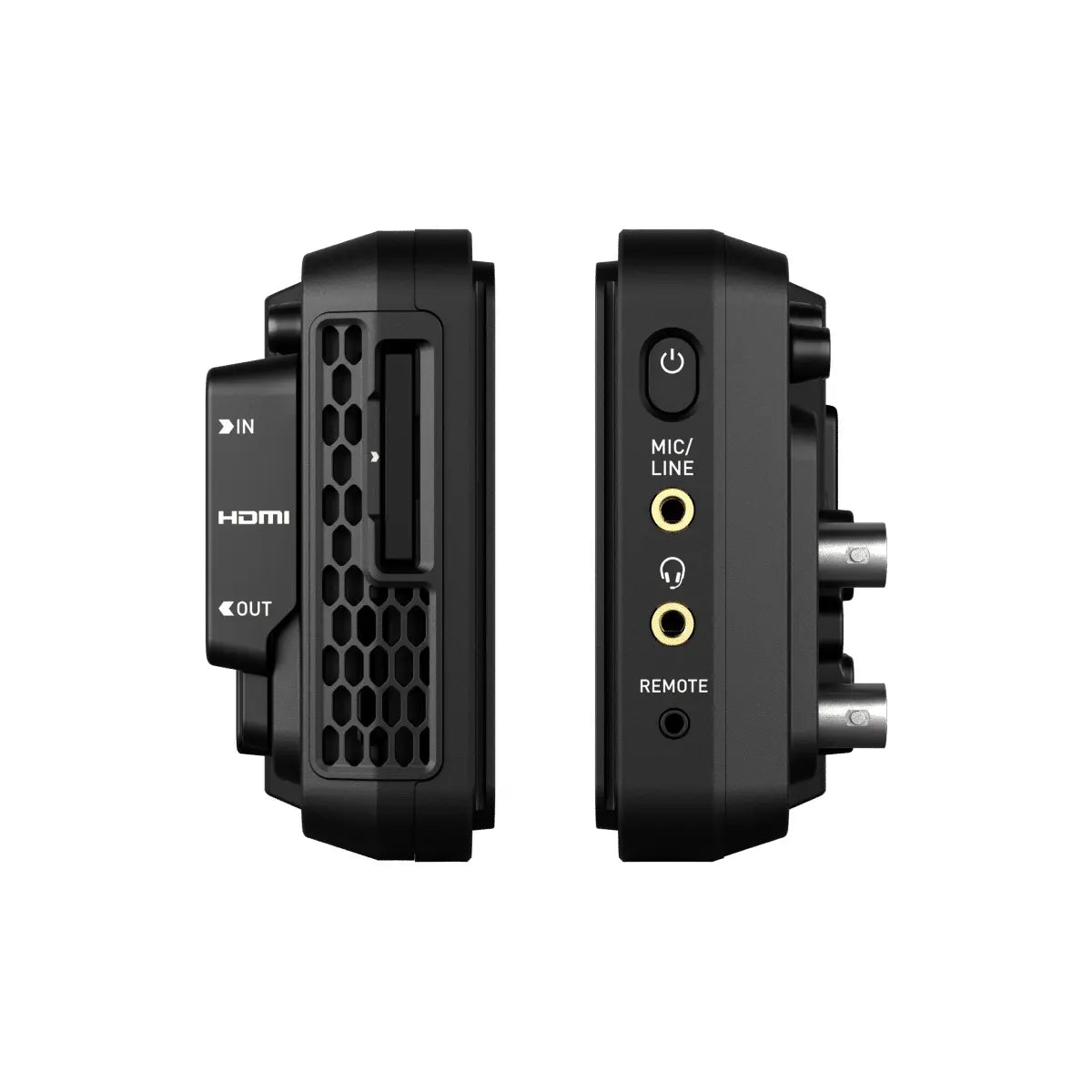 Black audio/video interface with various ports on a white background